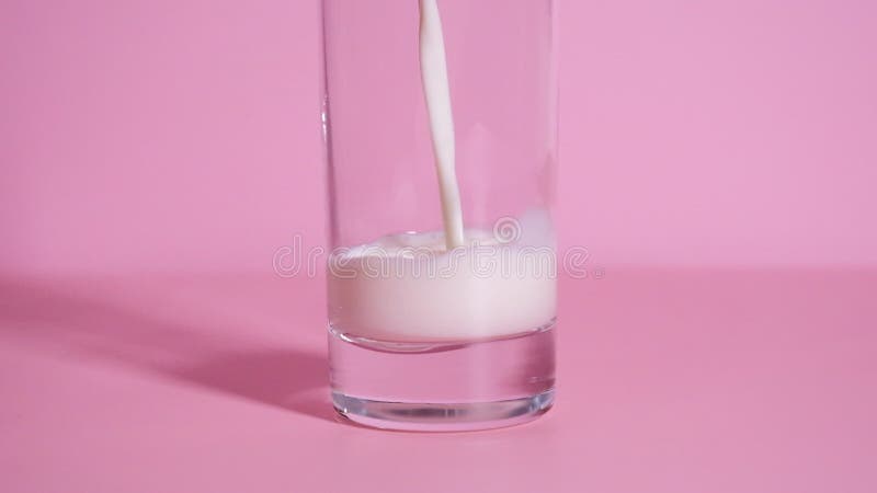 Du lait biologique est versé dans un verre transparent sur une extrémité de rose ascendante de ralenti de la résolution 4k. Instru banque de vidéos