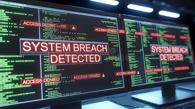 Dual computer monitors display a cybersecurity alert. royalty free illustration