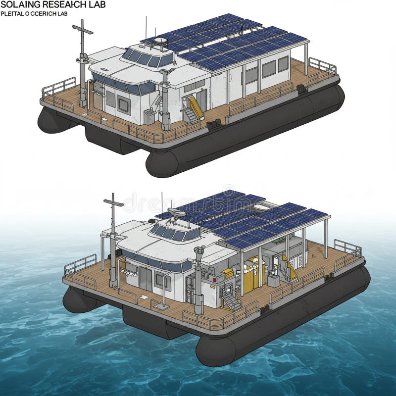 Dual image of a solar-powered research catamaran. The vessel has a wide, flat deck vector illustration