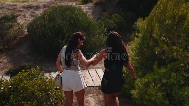 Duas amigas a explorar um parque natural de mãos dadas vídeos de arquivo