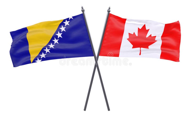 Bosnia and Herzegovina and Canada, two crossed flags isolated on white background. 3d image. Bosnia and Herzegovina and Canada, two crossed flags isolated on white background. 3d image