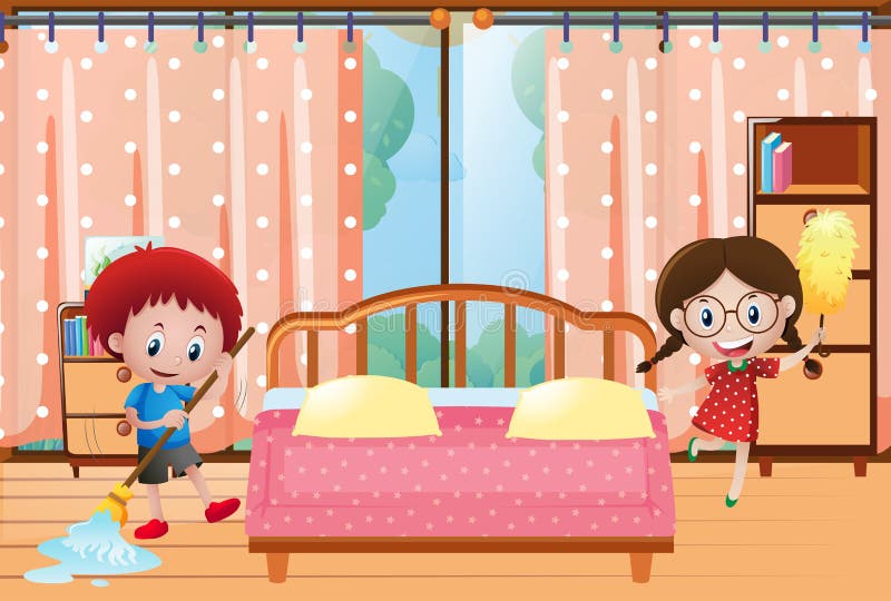Duas crianças que limpam o quarto ilustração stock Duas crianças que limpam o quarto ilustração stock