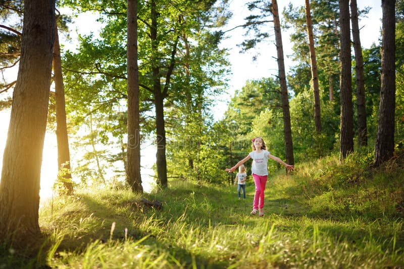 Duas irmãs mais nova bonitos que têm o divertimento durante a caminhada da floresta no dia de verão bonito Lazer ativo da família imagens de stock Duas irmãs mais nova bonitos que têm o divertimento durante a caminhada da floresta no dia de verão bonito Lazer ativo da família imagens de stock