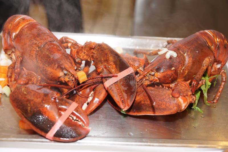 Two lobsters just boiled with herbs on kitchen table. Two lobsters just boiled with herbs on kitchen table