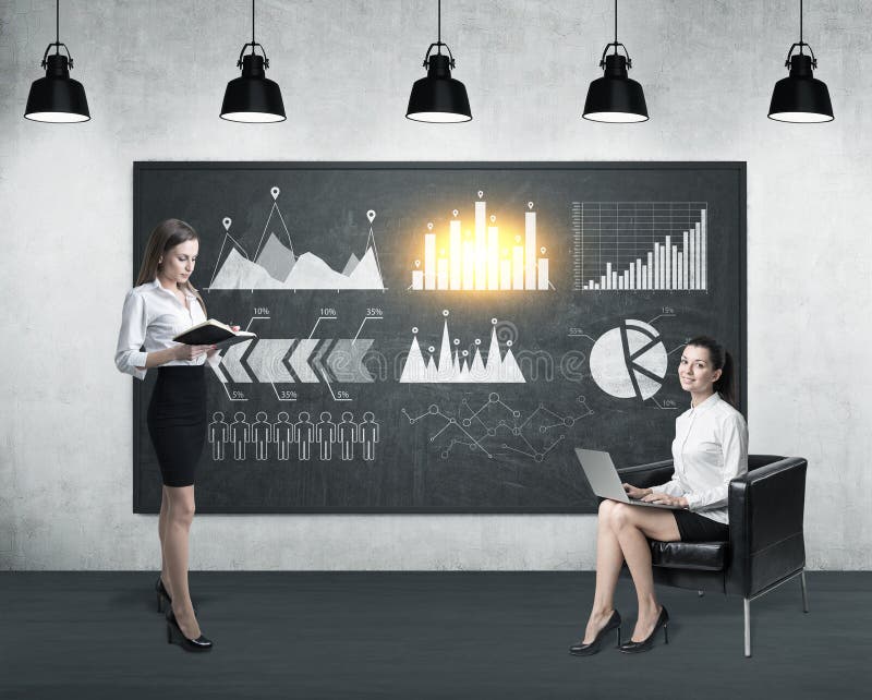 Two women in a room. One is holding a book. The second is sitting with her laptop in an armchair. Six graphs are drawn on a blackboard. 3d rendering. Toned image. Two women in a room. One is holding a book. The second is sitting with her laptop in an armchair. Six graphs are drawn on a blackboard. 3d rendering. Toned image