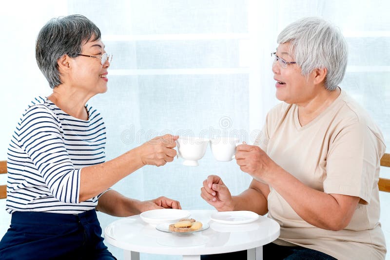 Duas mulheres idosas asiáticas bebem o chá junto na manhã e igualmente têm algumas cookies, são sorriso e conversa sobre algumas imagem de stock royalty free Duas mulheres idosas asiáticas bebem o chá junto na manhã e igualmente têm algumas cookies, são sorriso e conversa sobre algumas imagem de stock royalty free