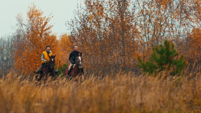 Duas mulheres nas costas dos cavalos correndo no campo - época de ouro do outono