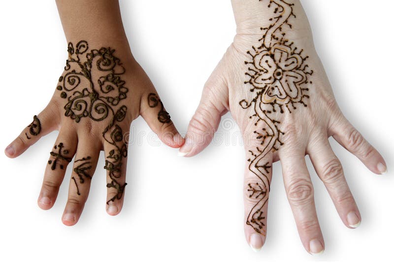 Duas mãos femininas com tatuagens de henna fotografia de stock royalty free