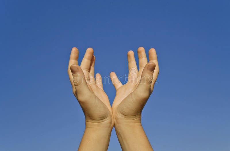 Two Human hands on a clear sky background. Two Human hands on a clear sky background