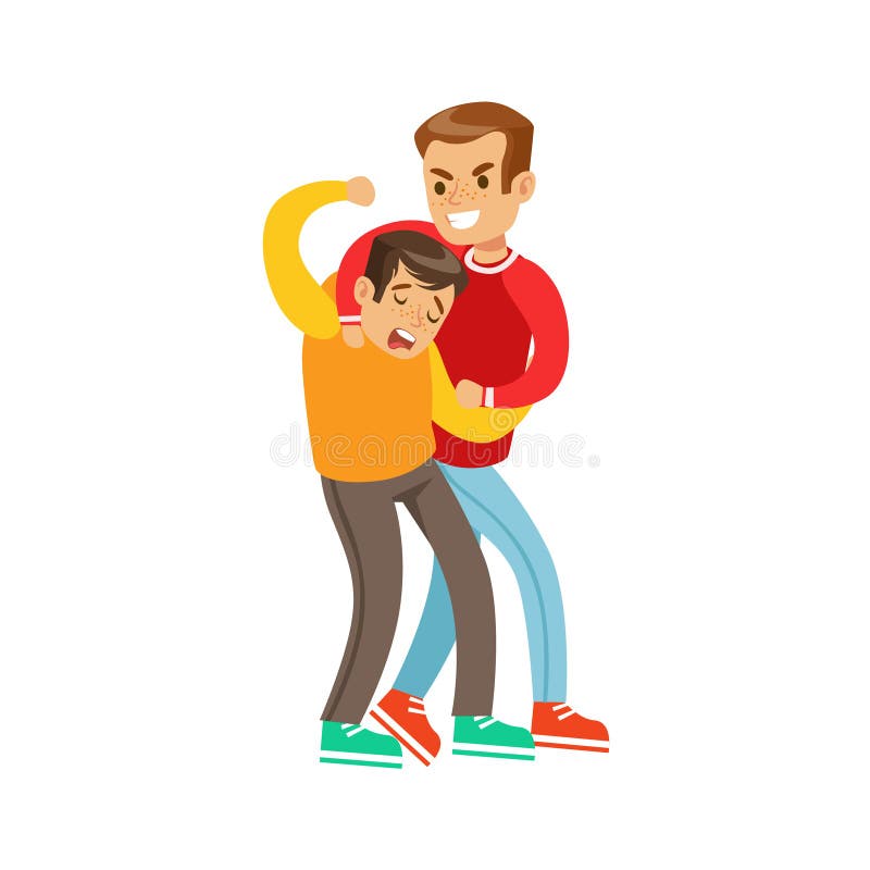 Two Boys Fist Fight Positions, Aggressive Bully In Long Sleeve Red Top Fighting Another Kid Using Strangling Technique. Flat Vector Teenage Aggression And Conflict Resulting In Street Fight Illustration. Two Boys Fist Fight Positions, Aggressive Bully In Long Sleeve Red Top Fighting Another Kid Using Strangling Technique. Flat Vector Teenage Aggression And Conflict Resulting In Street Fight Illustration.