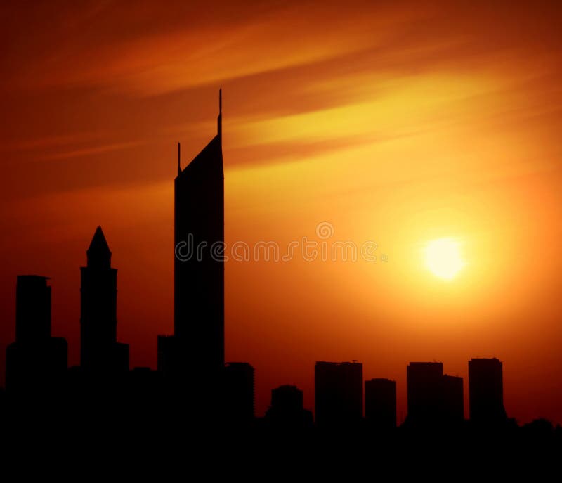 Dubai city at night Sheikh Zayed road at sunset, silhouette of modern new Middle Eastern city, black shape of buildings with natural sun light background, United Arab Emirates