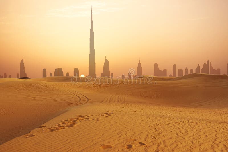 Dubai city skyline at sunset seen from the desert stock images