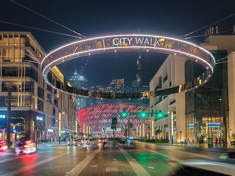 Dubai City Walk at night, a beautiful residential and tourist attraction outdoor area | Modern design