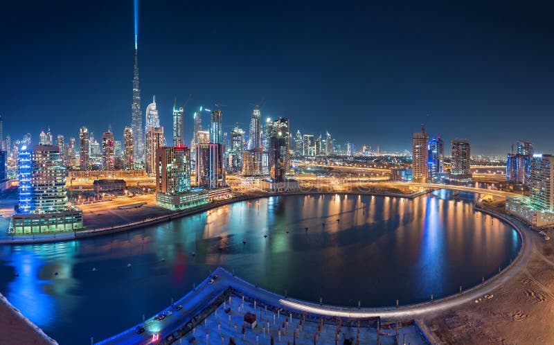 Dubai Downtown Panoramic View with Burj Khalifa in the background and Business bay in the foreground united arab emirates royalty free stock photos Dubai Downtown Panoramic View with Burj Khalifa in the background and Business bay in the foreground united arab emirates royalty free stock photos