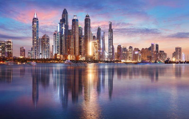 Dubai Panorama Skyline at Dramatic Sunset in Marina, United Arab ...
