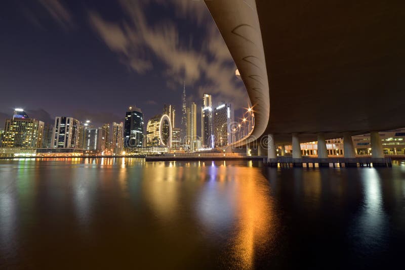 Dubai skyline from Marasi st, Dubai Business Bay, United Arab Emirates royalty free stock image Dubai skyline from Marasi st, Dubai Business Bay, United Arab Emirates royalty free stock image
