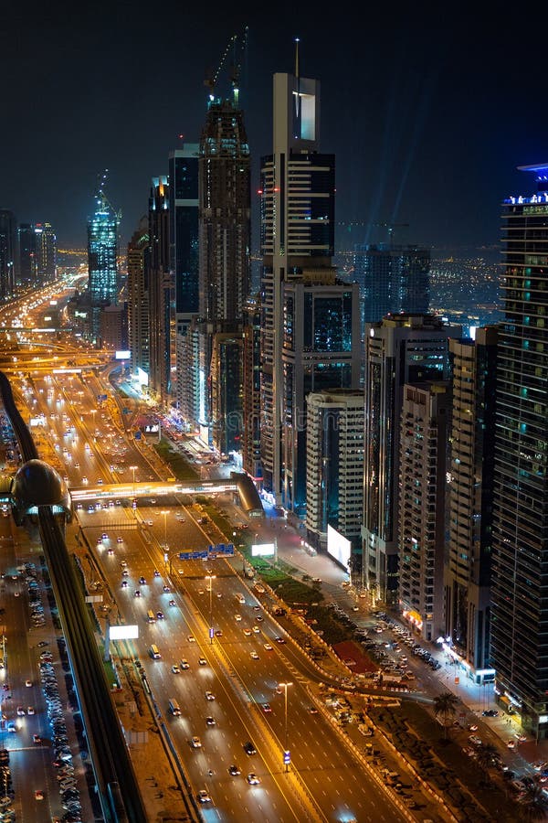Dubai Skyline in the Night Time, United Arab Emirates Editorial Stock