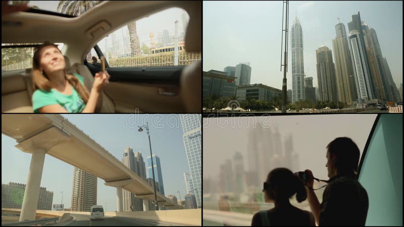 DUBAI, UAE - 20 DE AGOSTO DE 2014: Un collage brillante de los marcos de los paisajes urbanos del ` s de Dubai