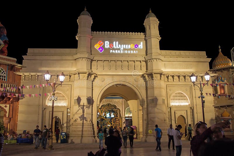 DUBAI, UAE - November, 17, 2017: Entrance Bollywood Park at Dubai Parks and Resorts. Main gate. Dubai, United Arab Emirates. stock photo DUBAI, UAE - November, 17, 2017: Entrance Bollywood Park at Dubai Parks and Resorts. Main gate. Dubai, United Arab Emirates. stock photo
