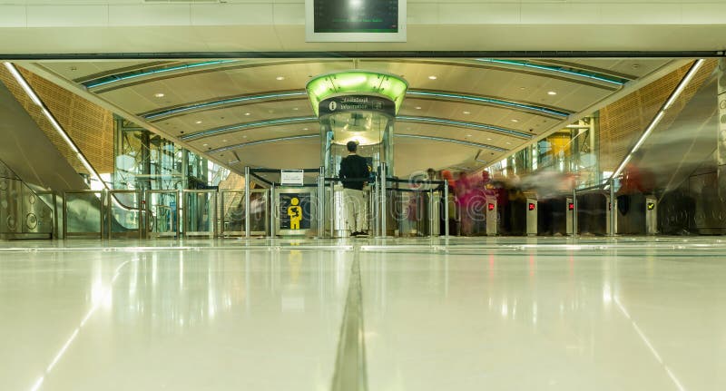 DUBAI, UAE - NOVEMBER 10, 2016: Interior of metro station in Dubai. Metro as world`s longest fully automated metro network 75 km. Modern interior metro in Dubai.