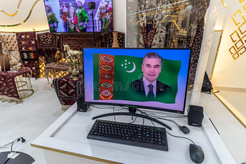 DUBAI, UAE - OCTOBER 28, 2021: Computer in Turkmenistan Pavilion at