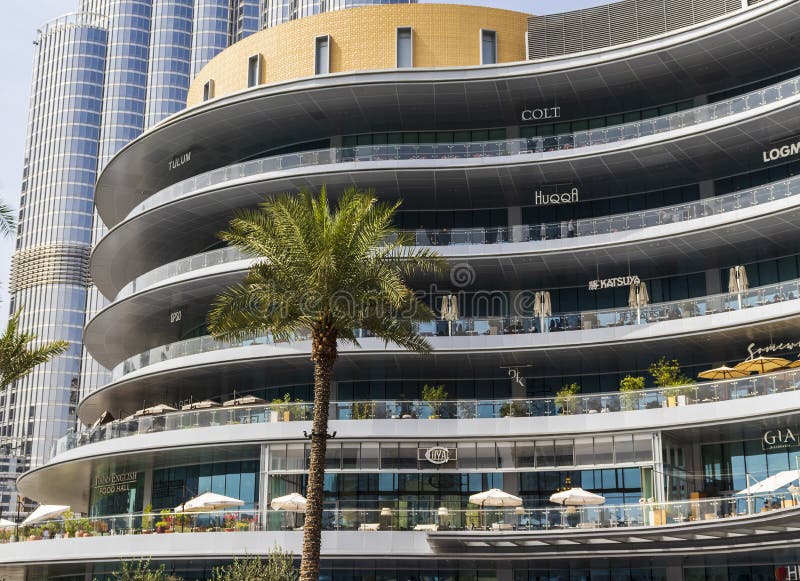 Dubai, UAE 12.12.2020 Restaurants with Outdoor Terraces in Dubai Mall. Outdoor Editorial