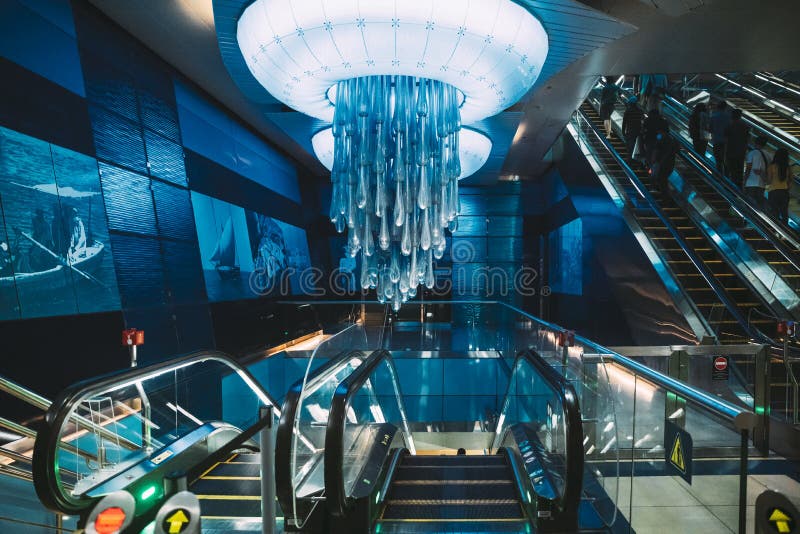 Dubai, UAE, United Arab Emirates - May 22, 2021: Interior of BurJuman metro station in Dubai, UAE. The Dubai Metro is a