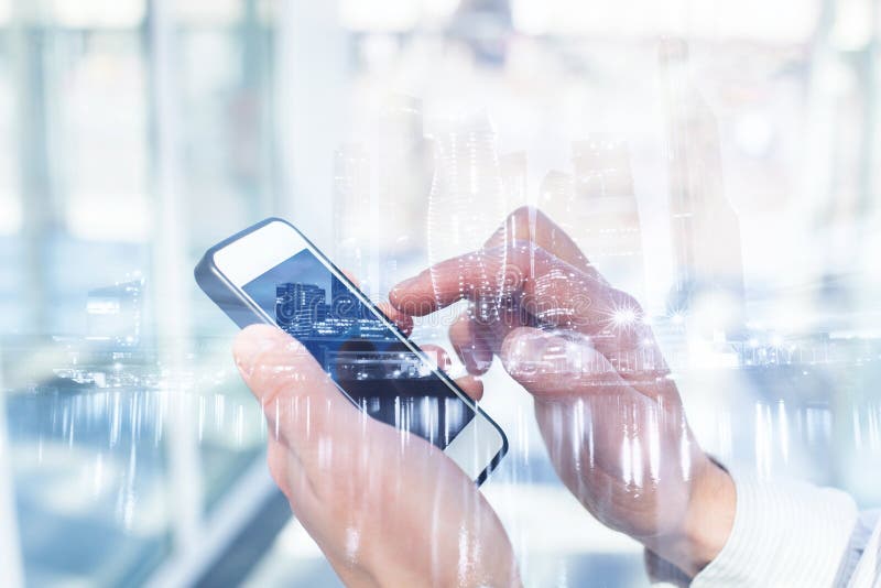 Dubbel exponering av mobil teknologi arkivbilder
