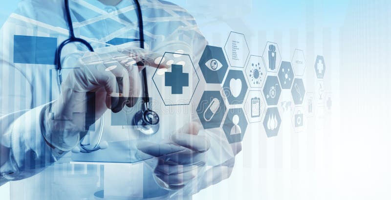 Dubbel exponering av smart arbete för medicinsk doktor arkivfoto
