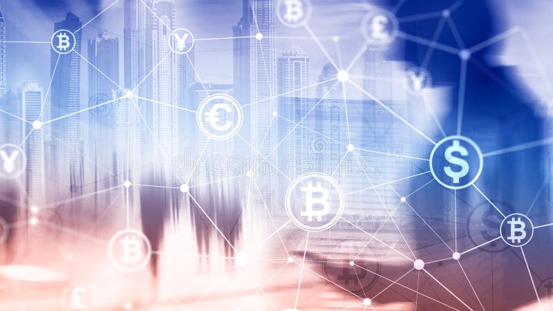 Dubbel exponering Bitcoin och blockchainbegrepp Digital ekonomi och valutahandel
