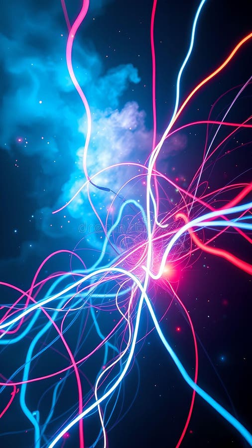 Dubbel exponering : Neon-kablar slås ihop med Cosmic Nebula i UltraRealistic Cinematic UHD vektor illustrationer