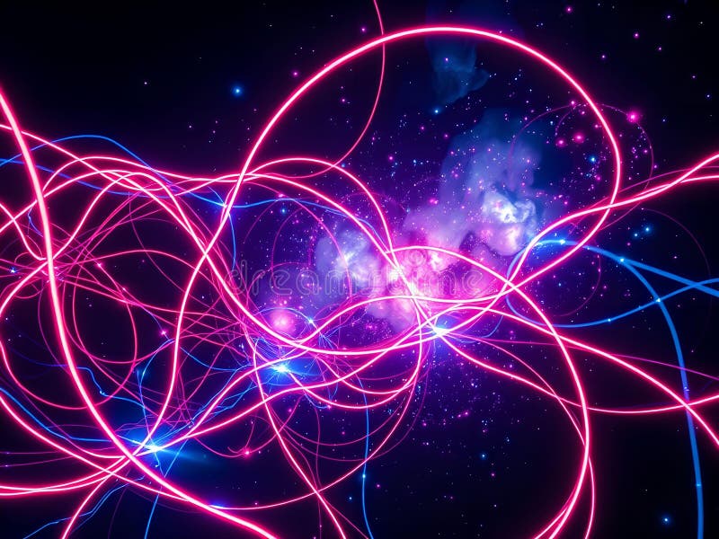 Dubbel exponering : Neon-kablar slås ihop med Cosmic Nebula i UltraRealistic Cinematic UHD vektor illustrationer