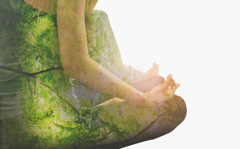Dubbele blootstelling-tranquiliteit de meditatie van de yoga vrouw om geest te zuiveren, tak grote boom die zich op geÃ¯soleerde w