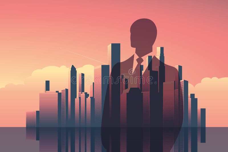 Dubbele blootstellings bedrijfsconcepten vectorachtergrond Zakenman voor moderne collectieve stadshorizon stock illustratie Dubbele blootstellings bedrijfsconcepten vectorachtergrond Zakenman voor moderne collectieve stadshorizon stock illustratie