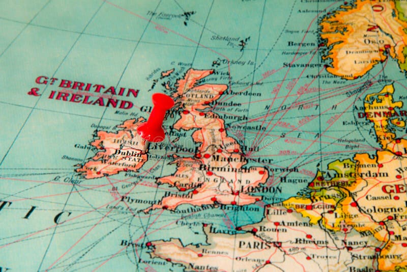 Dublin, Ireland pinned on vintage map of Europe.