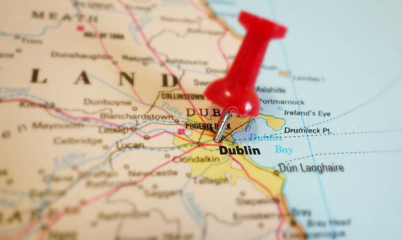 Closeup of a red tack in Dublin Ireland map. Closeup of a red tack in Dublin Ireland map