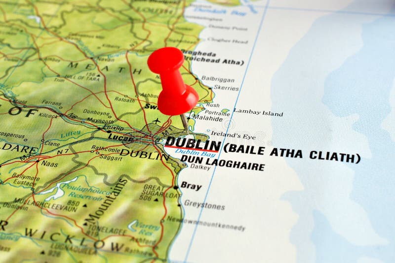 Close up of Dublin on a map with red pin. Close up of Dublin on a map with red pin