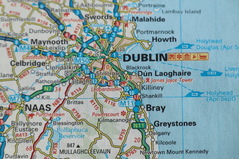 Dublin in Southern Ireland in colour in an atlas map..