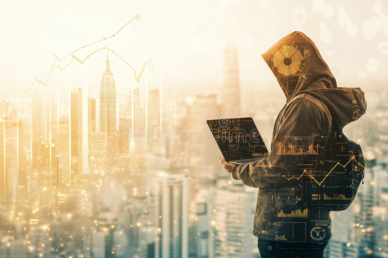 Dublă expunere a hackerului cu glugă cu laptop și graficele în ascensiune pe un fundal al orașului royalty free illustration