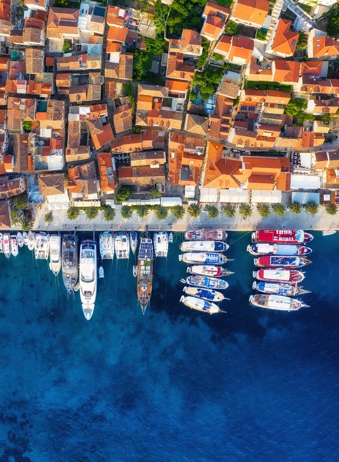 Dubrovnik, Croatia. Aerial landscape. Town and sea. Top view from drone on the old castle and azure sea