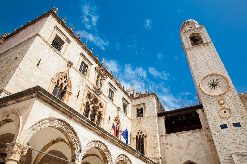 Sponza Palace and clock tower at the Old Town in Dubrovnik