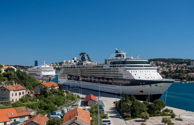 Dubrovnik, Croatia - 22 May 2019: Celebrity Constellation cruise ship docked in the Dubrovnik cruise port near the old. Dubrovnik, Croatia - 22 May 2019: Celebrity Constellation cruise ship docked in the Dubrovnik cruise port near the old