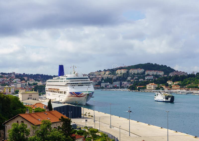 Dubrovnik, Croatia - 22 May 2019: Oriana cruise ship in P and O cruise line docked in the Dubrovnik port near the old. Dubrovnik, Croatia - 22 May 2019: Oriana cruise ship in P and O cruise line docked in the Dubrovnik port near the old