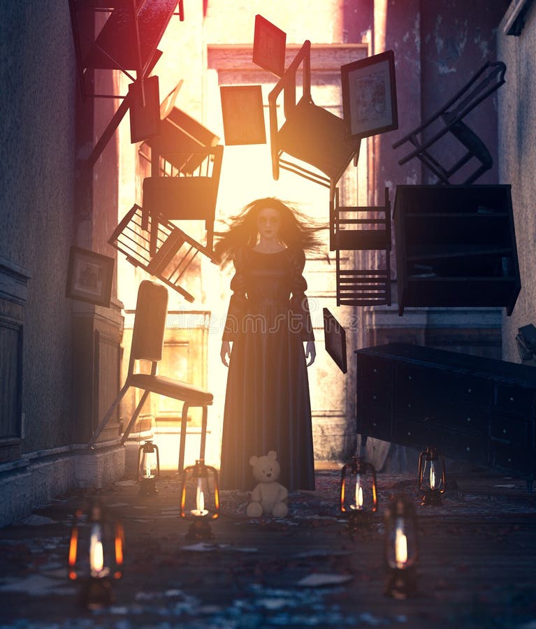 Duch kobieta unosi się w nawiedzającym domu w czerni sukni z rzeczami ilustracja wektor Duch kobieta unosi się w nawiedzającym domu w czerni sukni z rzeczami ilustracja wektor