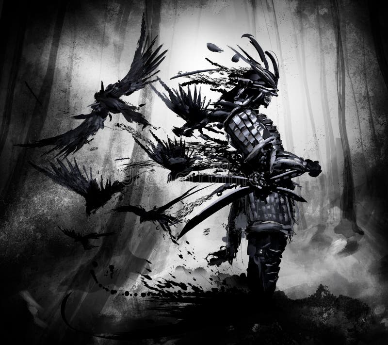 The spirit of the samurai stands in the gray forest, a flock of crows flies out of his back. The spirit of the samurai stands in the gray forest, a flock of crows flies out of his back