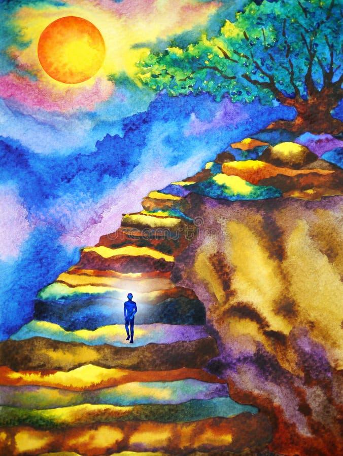 Duchowa medytacja ludzka umysłu nad górskim abstrakcyjnym obrazem akwarelowym ilustracja projektu ilustracji