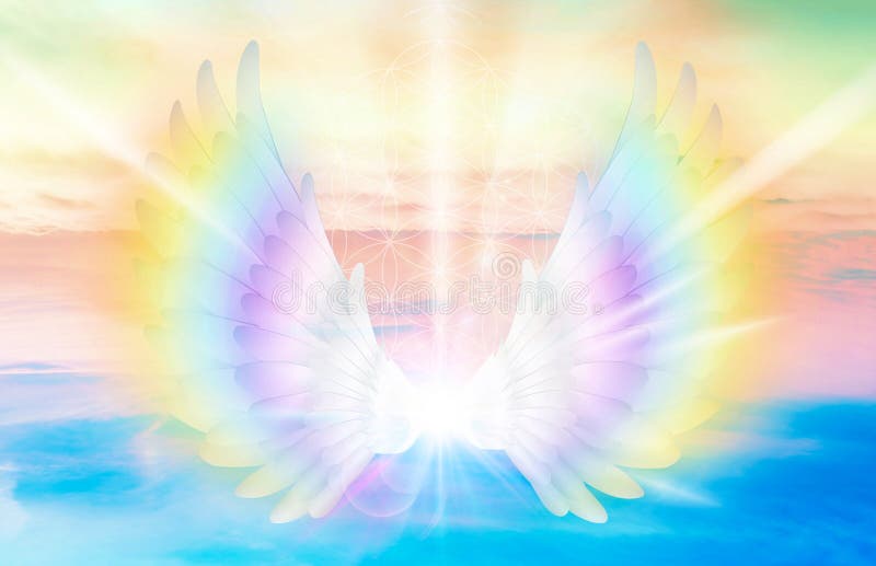 Duchowy anioł naśladowania światła i miłości czyniąc cud na niebie tęcza anielskie skrzydła kwiat życia