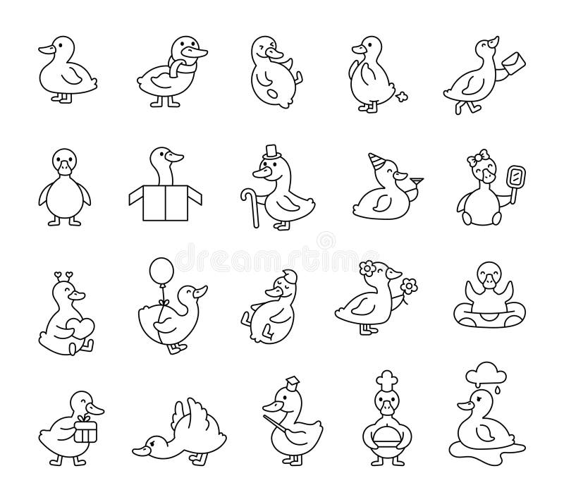 Duck bird set z fajnymi postaciami z kreskówki kawaii ilustracji