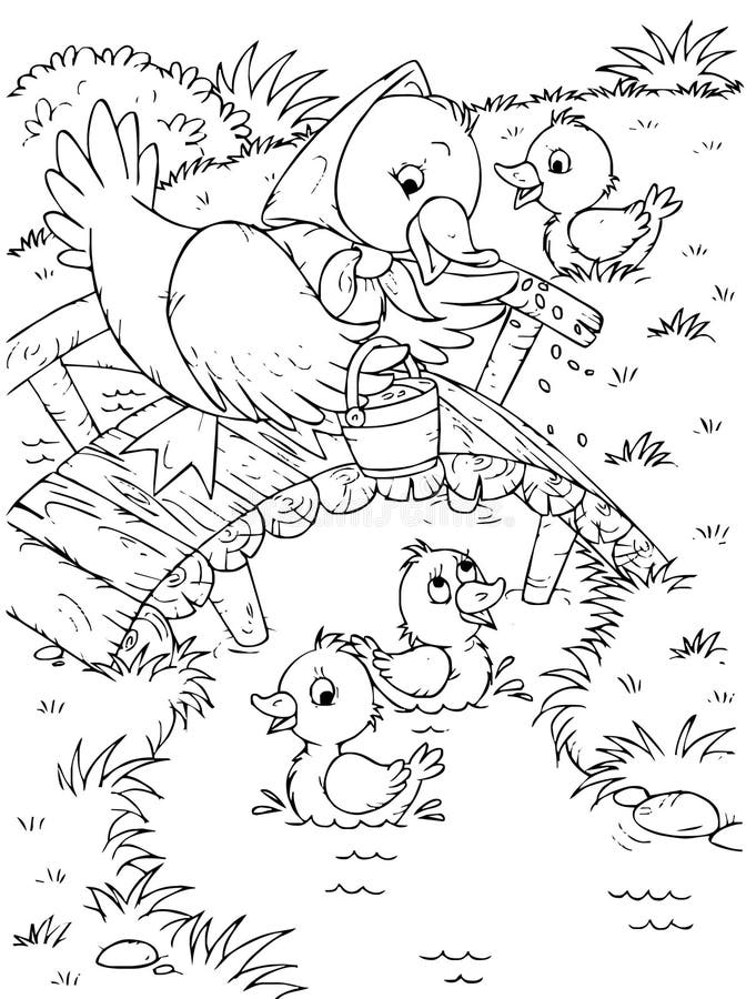 Čierno-biele ilustrácie (sfarbenie stránky) kačica hovorí na jej ducklings kúpanie v potoku.