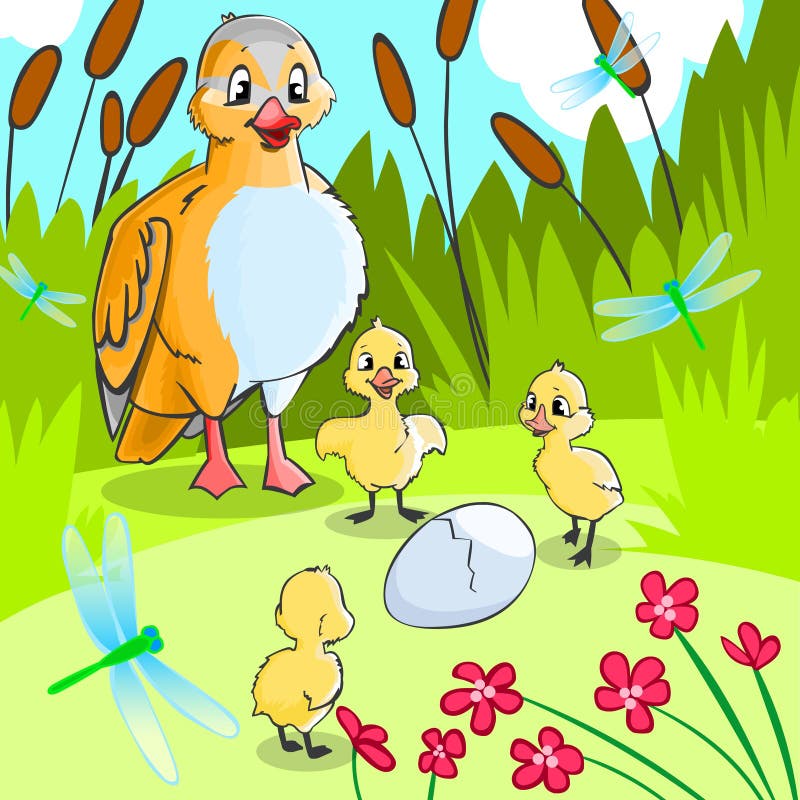 Illustration for fairytale Ugly duckling. Duck with ducklings.